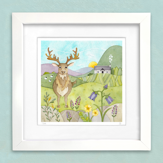 Framed Print - Stag, Bothy and Wildflowers - Scottish Highlands Watercolour Painting