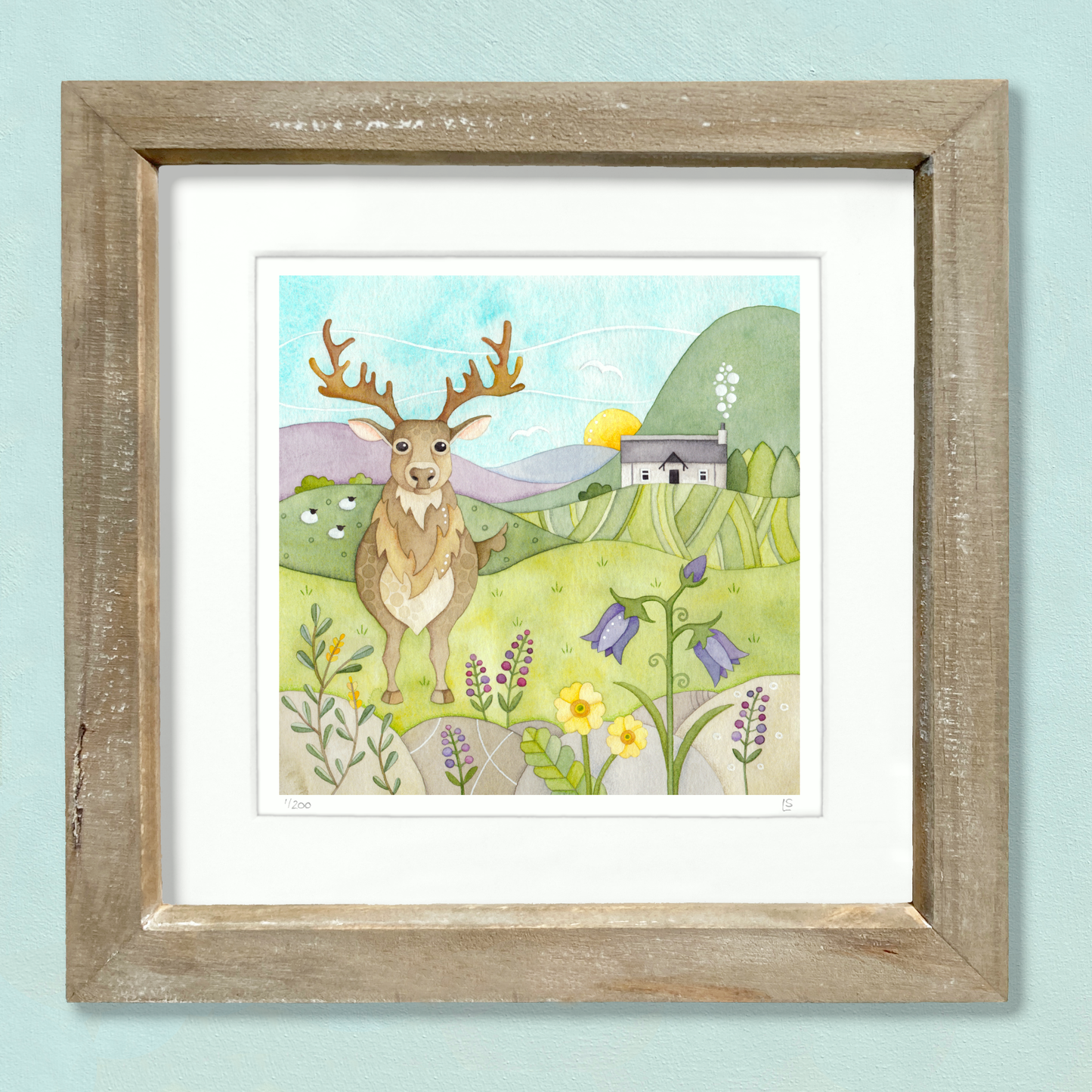 Framed Print - Stag, Bothy and Wildflowers - Scottish Highlands Watercolour Painting