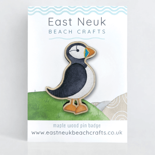 Standing Puffin Pin Badge - Seaside Wooden Brooch - East Neuk Beach Crafts