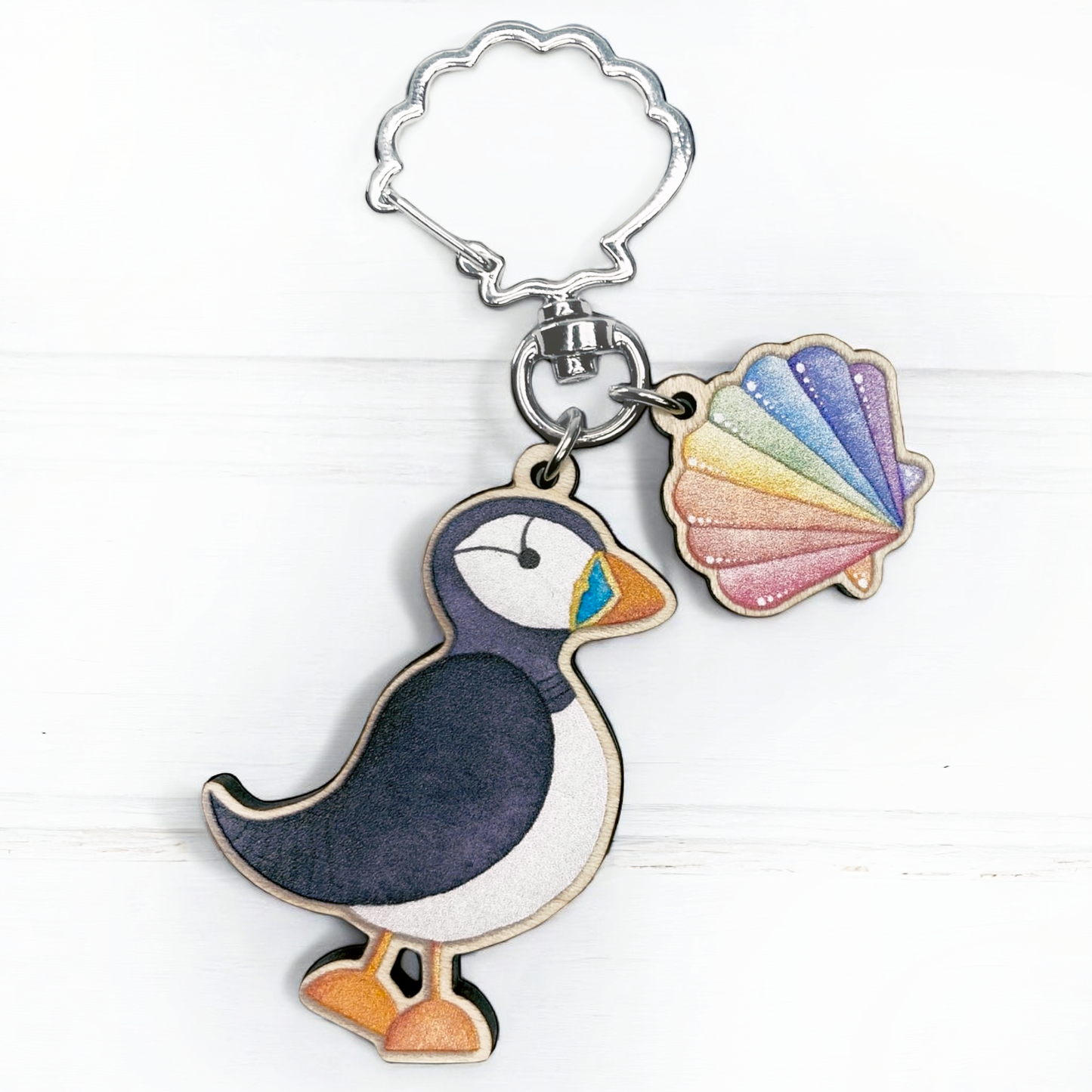 Wooden Keyring - Puffin and Shell - Maple Wood Key Chain with Shell Clasp