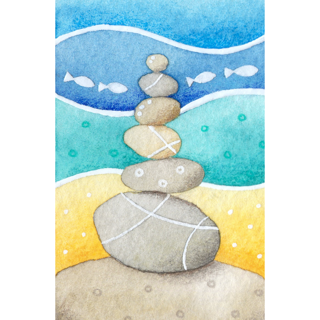 Original Watercolour Painting - Tiny Stone Stack - Framed, Mounted and Signed