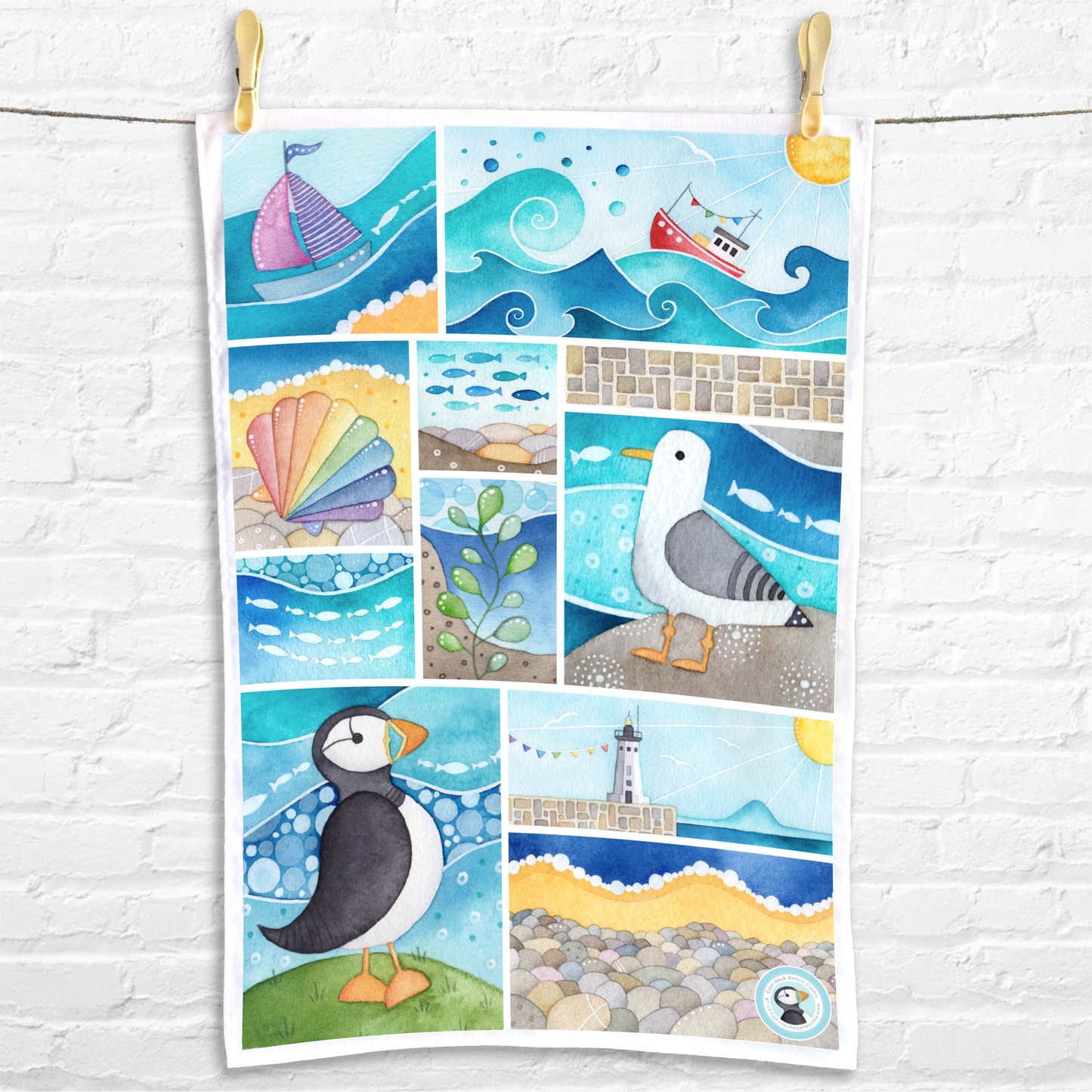 Seaside Tea Towel - Puffin, Seagull - Cotton Coastal Kitchen Towels - East Neuk of Fife