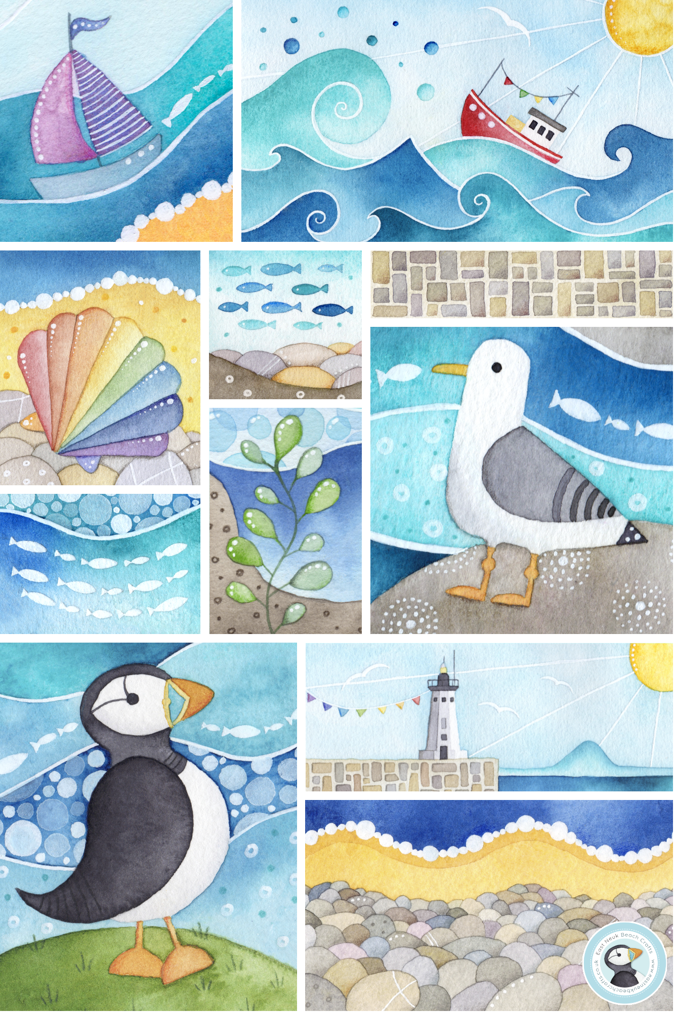 Seaside Tea Towel - Puffin, Seagull - Cotton Coastal Kitchen Towels - East Neuk of Fife