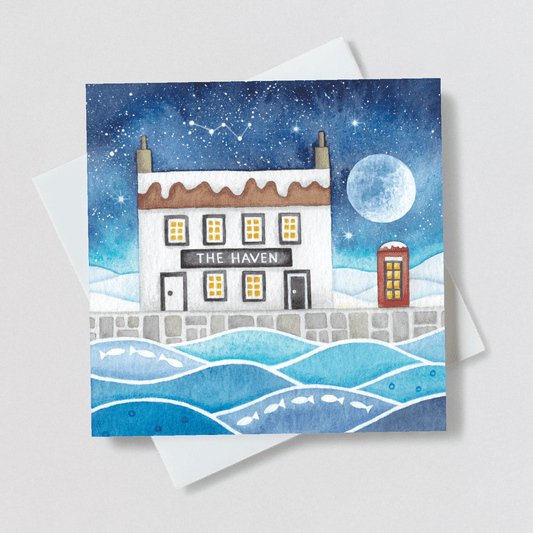The Haven Greetings Card - Moonlit Snow Scene at Cellardyke Harbour - East Neuk Beach Crafts