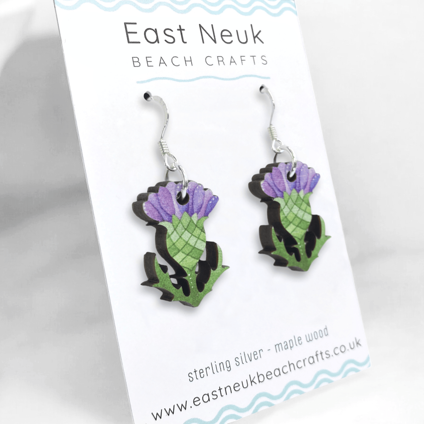 Thistle Earrings - Sterling Silver and Maple Wood - East Neuk Beach Crafts