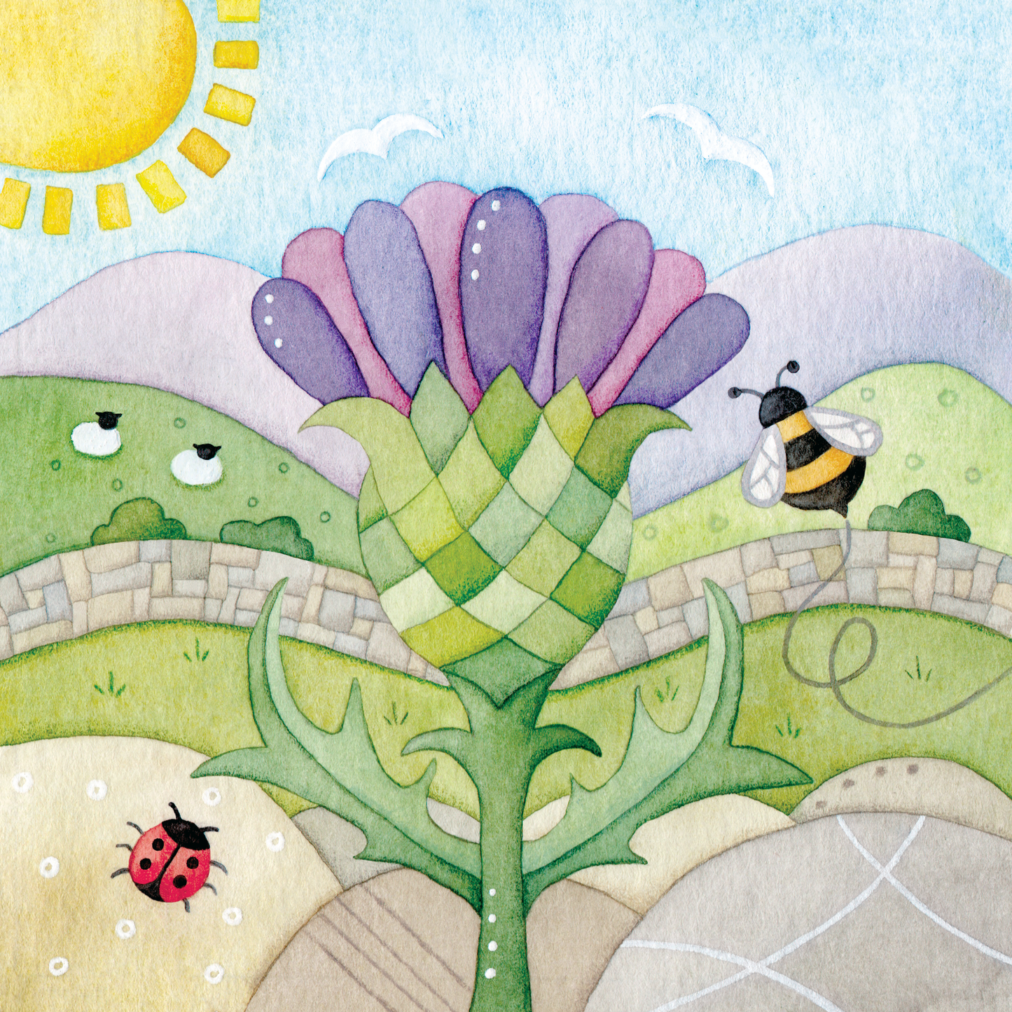 Greetings Card - Thistle and Bee - Scottish Highlands Watercolour Painting