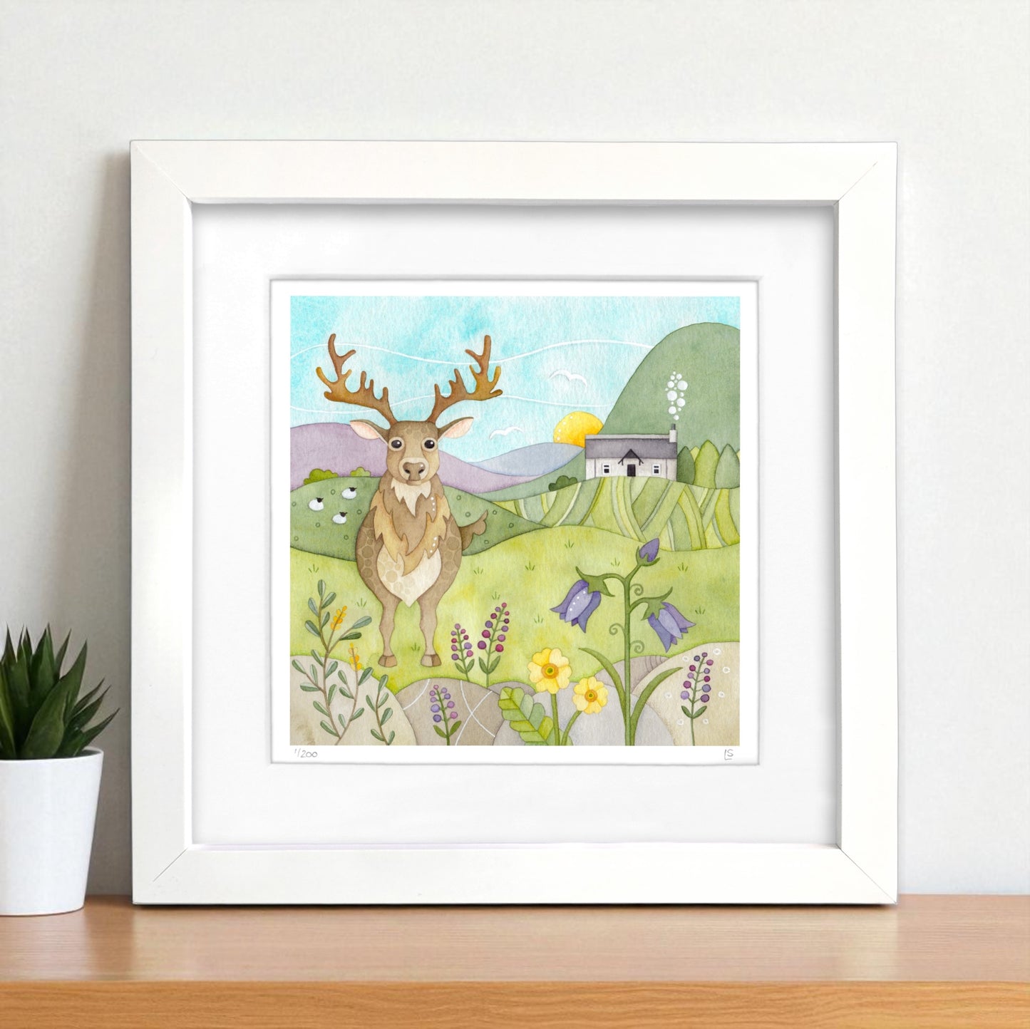 Framed Print - Stag, Bothy and Wildflowers - Scottish Highlands Watercolour Painting