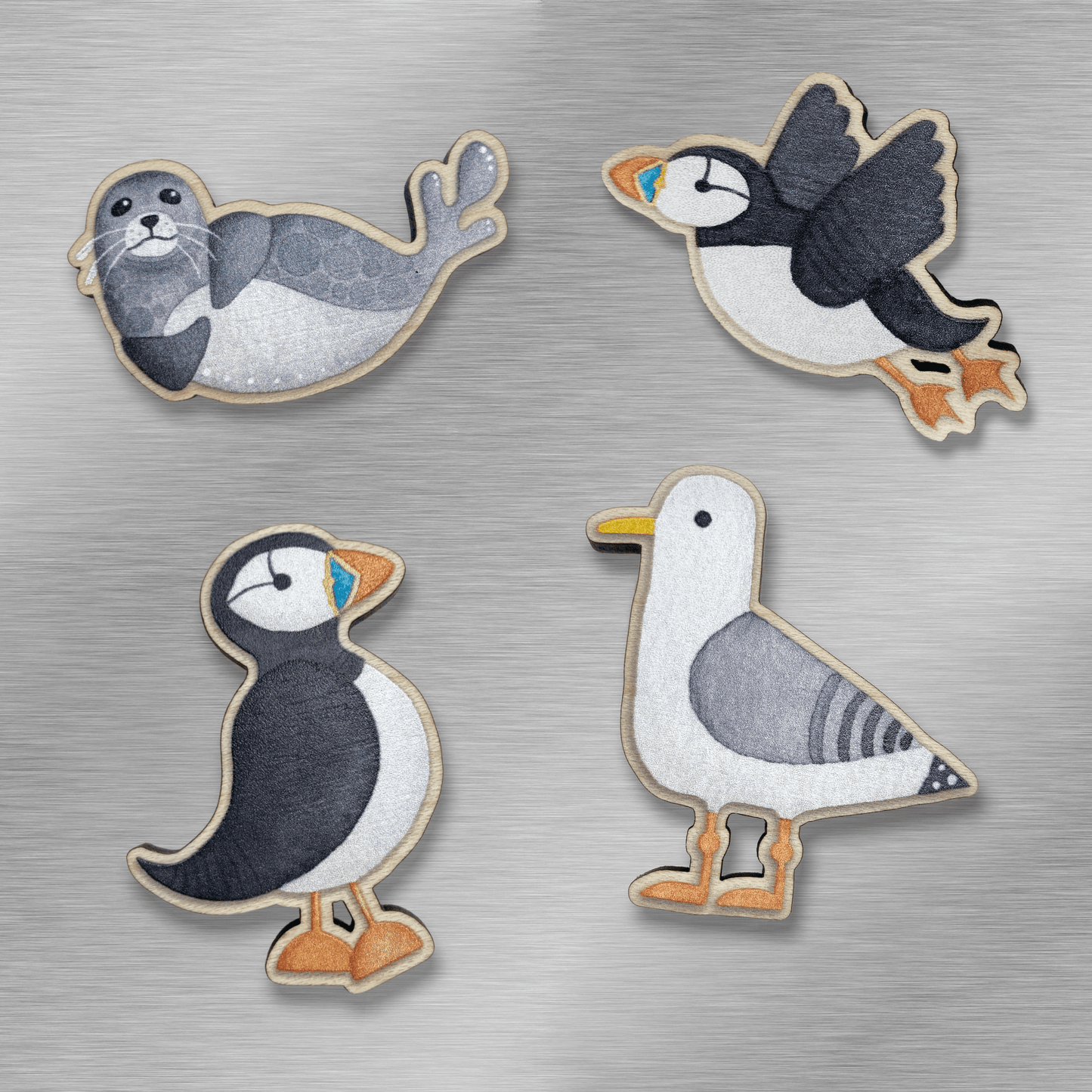 Wooden Fridge Magnet Set x4 - Seagull, Puffins and Seal - Save £4 - East Neuk Beach Crafts