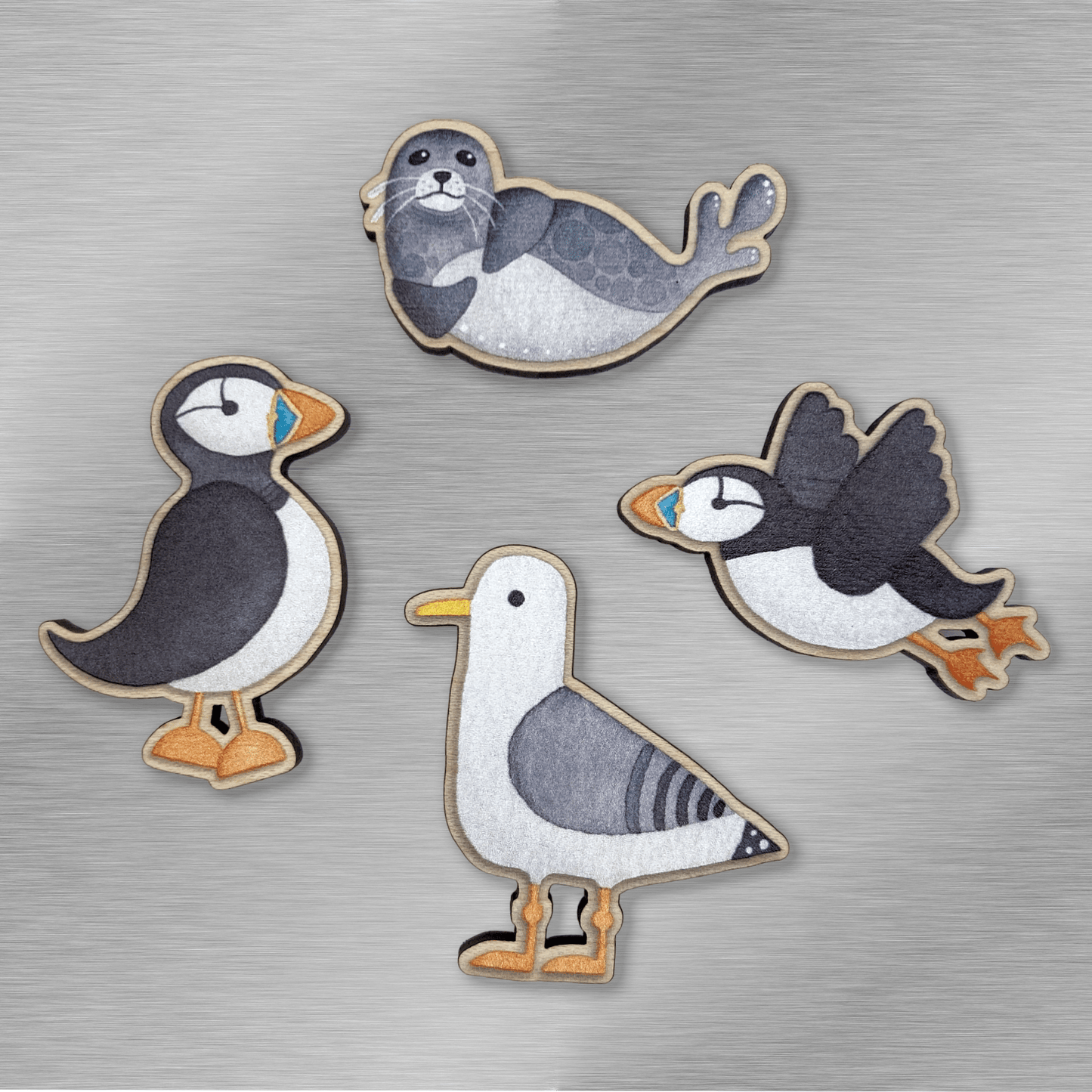Wooden Fridge Magnet Set x4 - Seagull, Puffins and Seal - Save £4 - East Neuk Beach Crafts