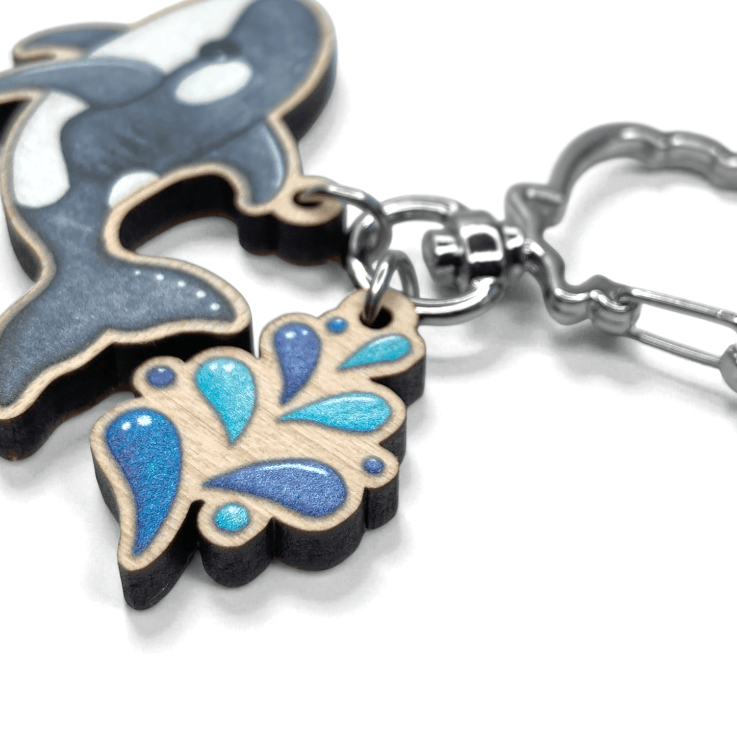 Wooden Keyring - Orca Whale with Water Spout - Maple Wood Key Chain with Shell Clasp - East Neuk Beach Crafts