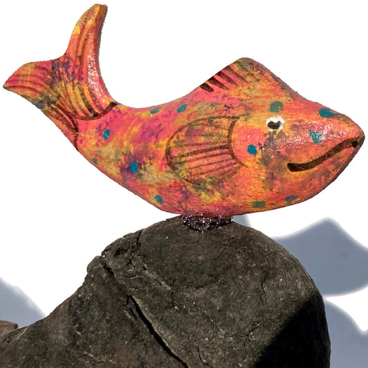 Carved Fish on New Zealand Driftwood Ornament - Wooden Sculpture - East Neuk Beach Crafts