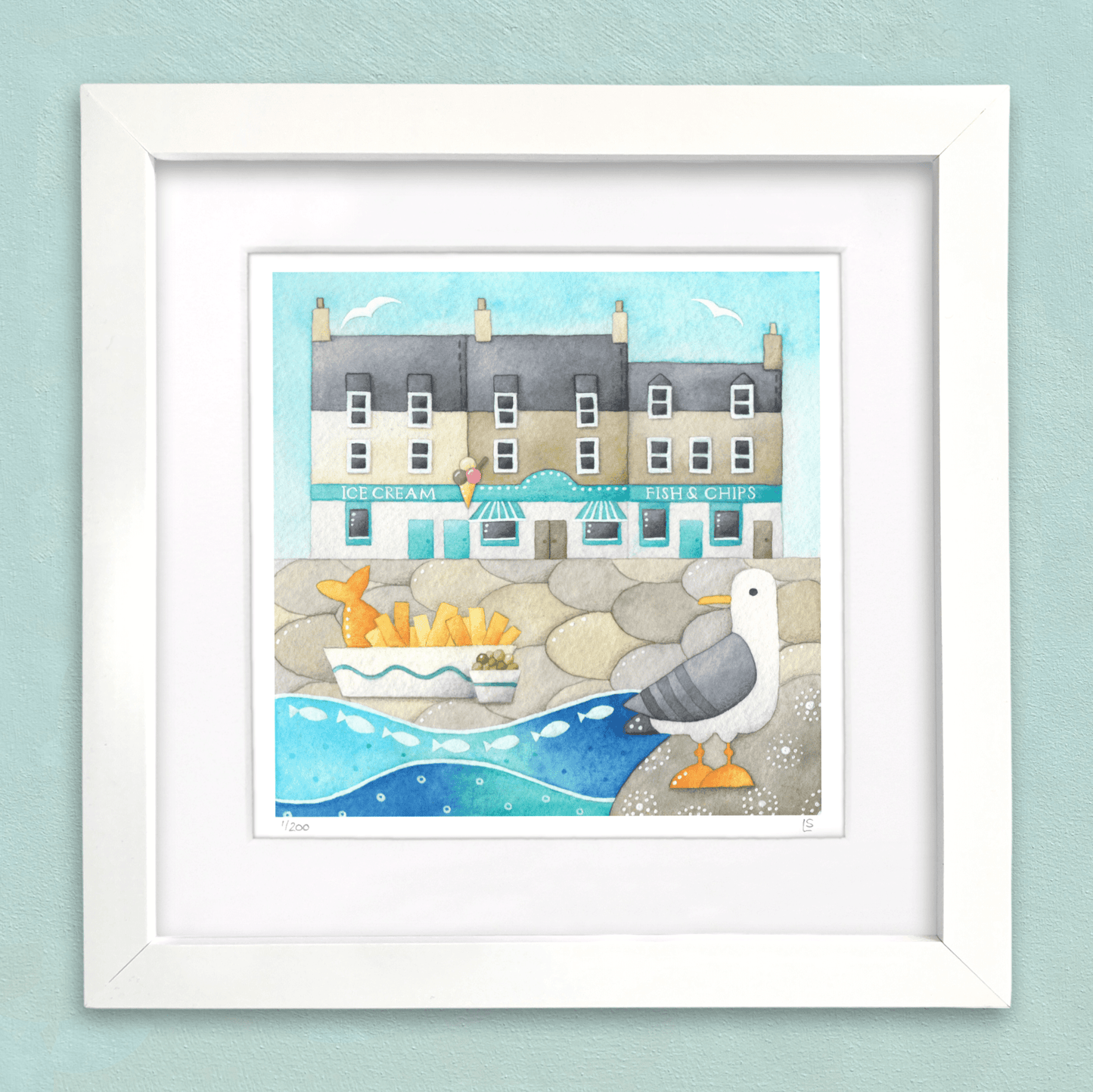 Fish and Chips at Anstruther - Seagull Seaside Watercolour Painting - Limited Edition Signed Print - East Neuk Beach Crafts