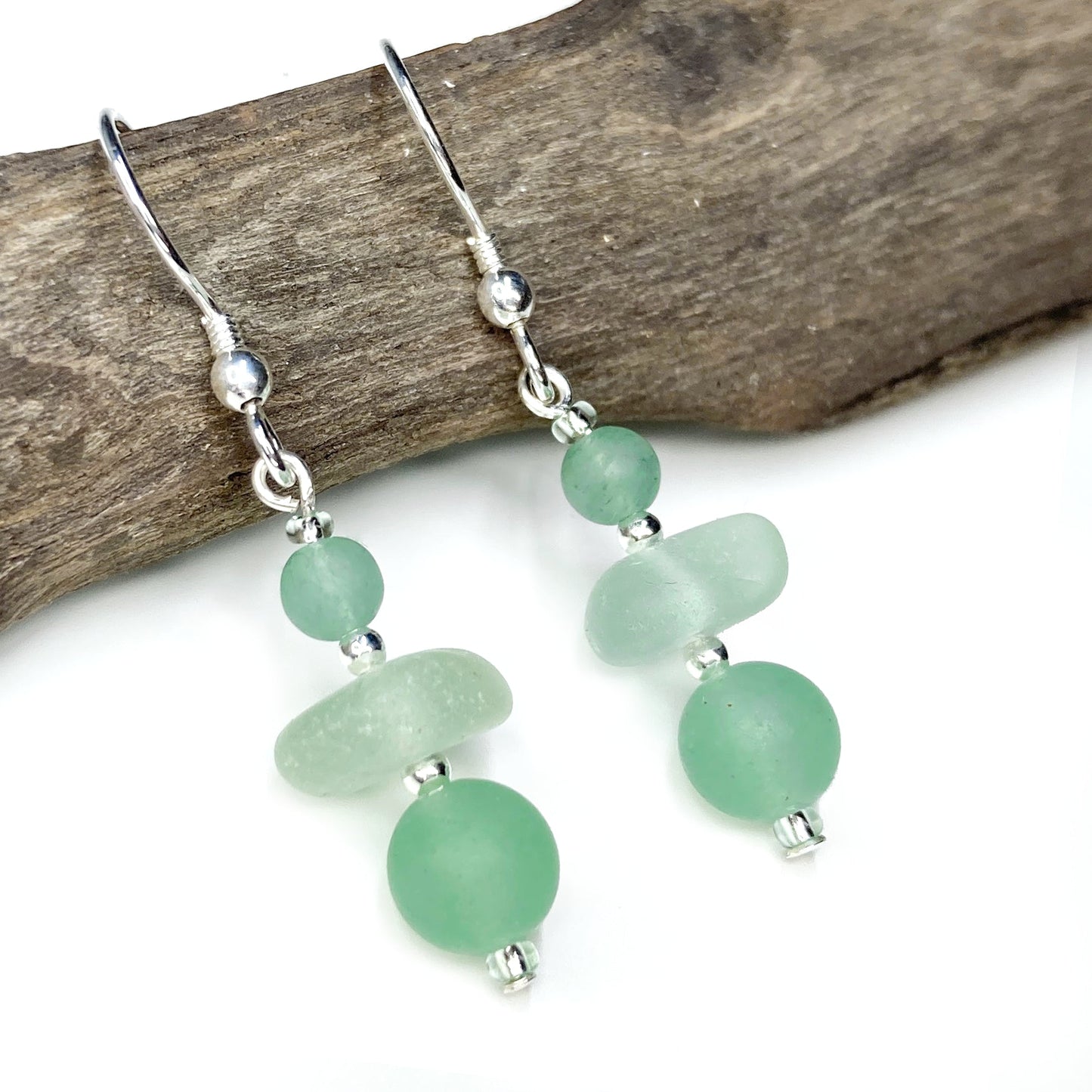Green Sea Glass Earrings - Sterling Silver Beaded Earrings with Aventurine Crystal - East Neuk Beach Crafts