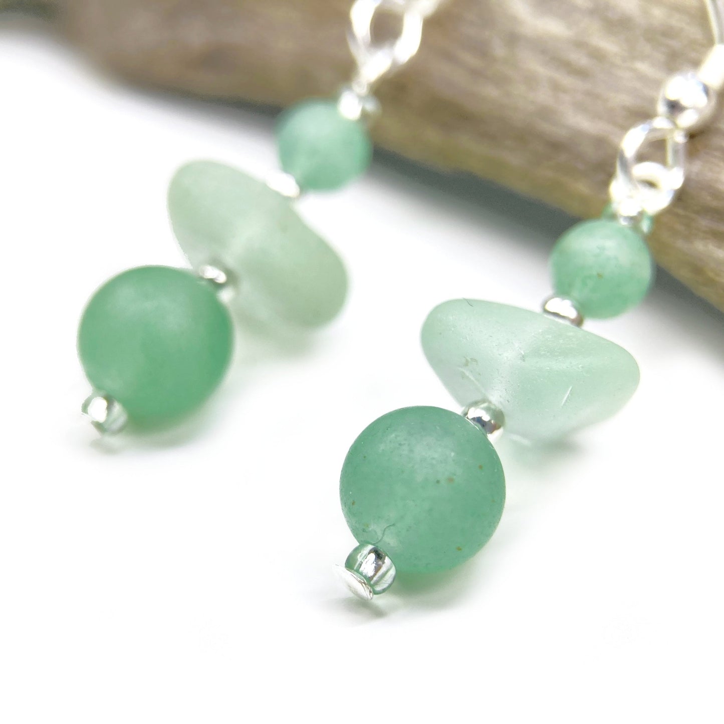 Green Sea Glass Earrings - Sterling Silver Beaded Earrings with Aventurine Crystal - East Neuk Beach Crafts
