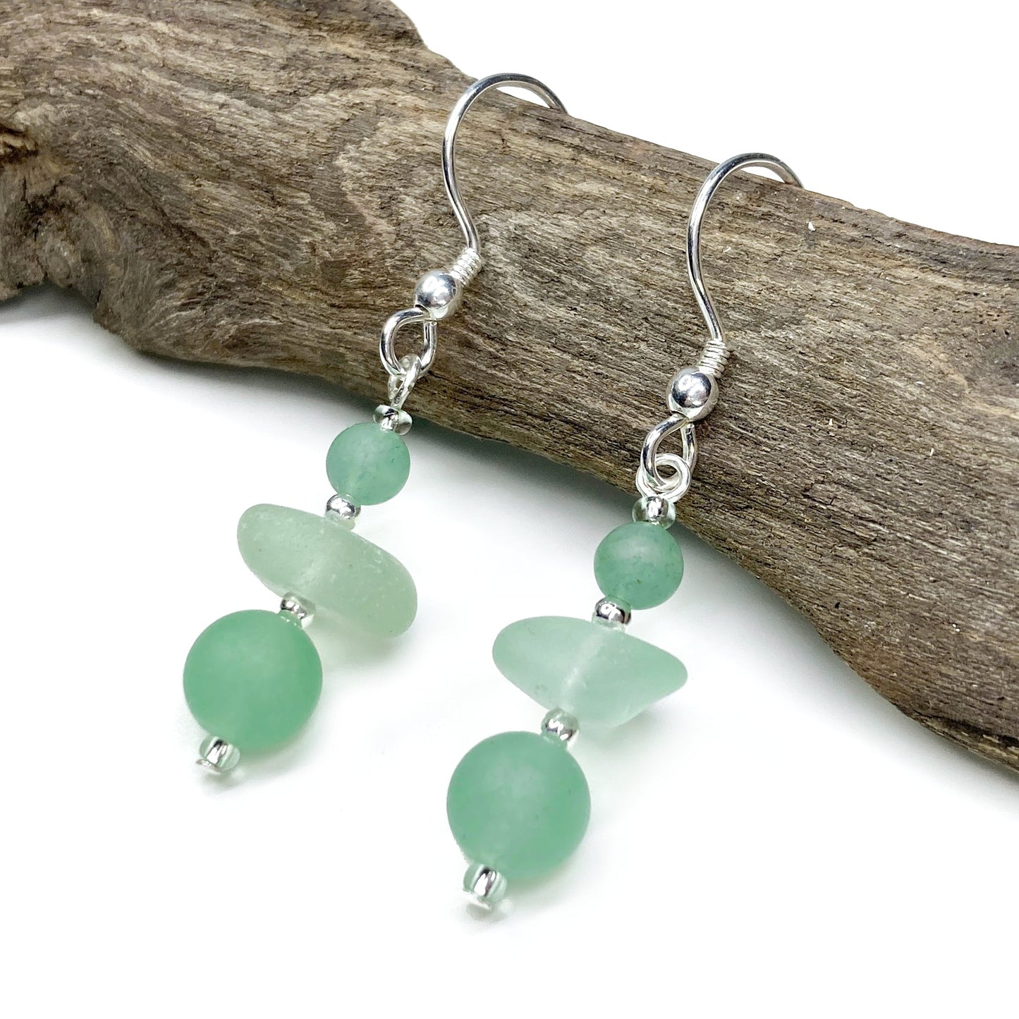 Green Sea Glass Earrings - Sterling Silver Beaded Earrings with Aventurine Crystal - East Neuk Beach Crafts