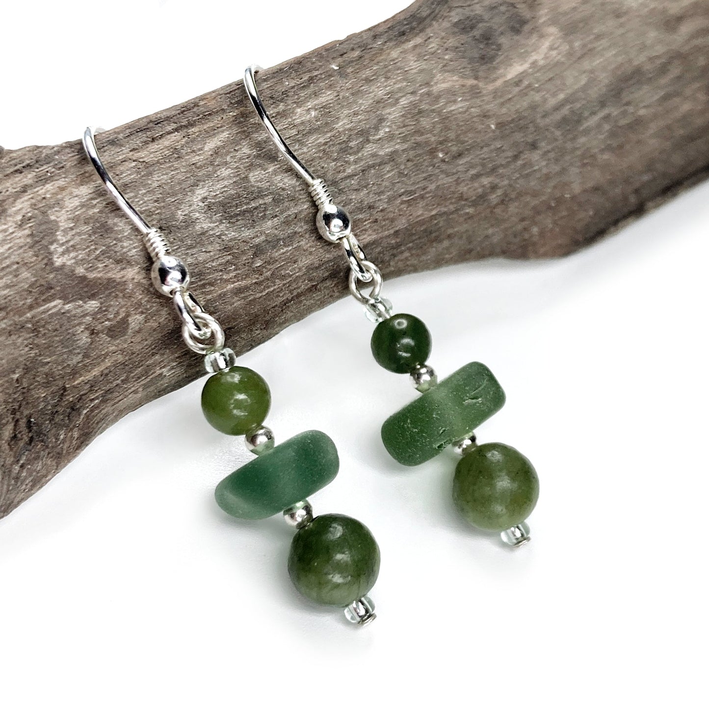 Green Sea Glass Earrings - Sterling Silver Beaded Earrings with Jade Crystal - East Neuk Beach Crafts