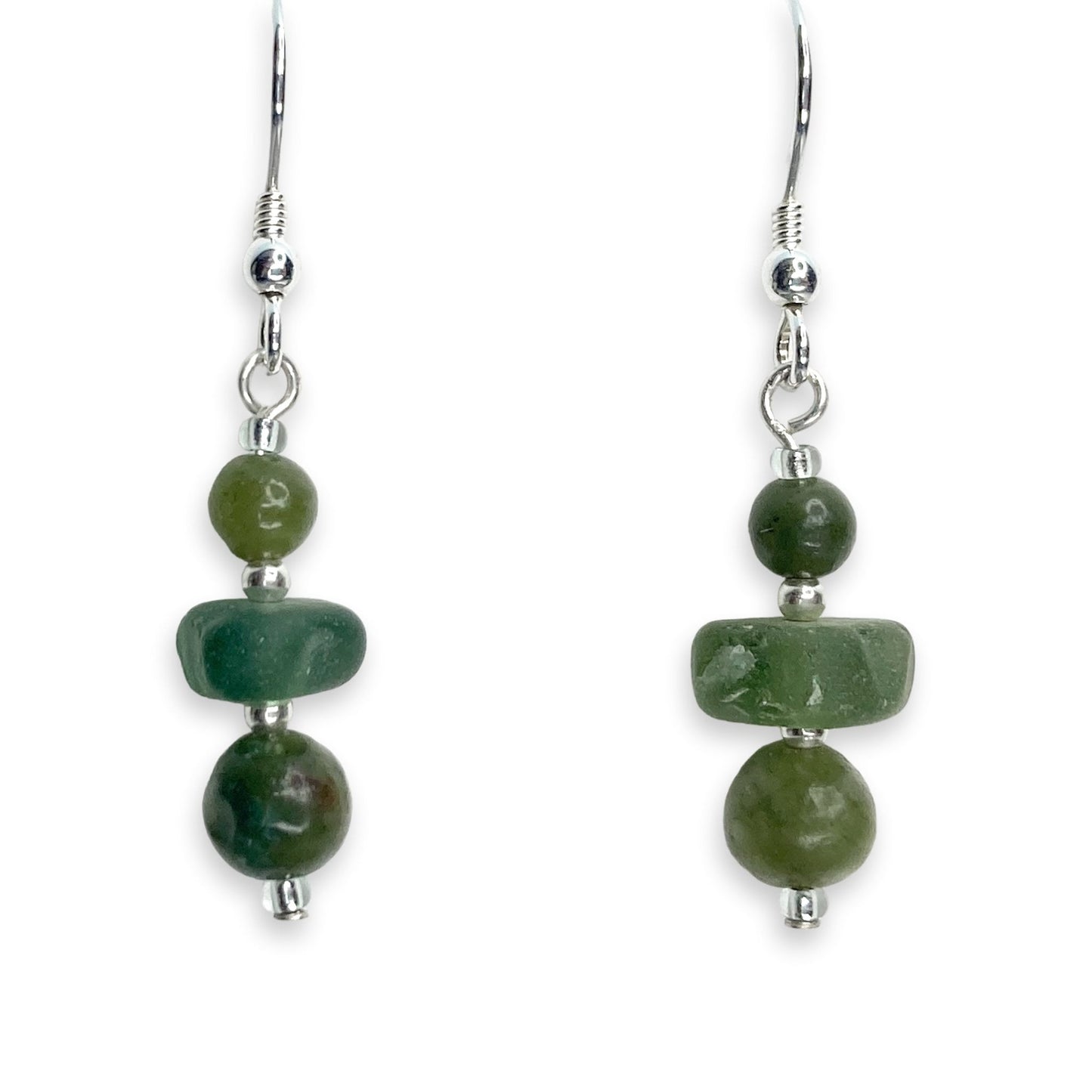 Green Sea Glass Earrings - Sterling Silver Beaded Earrings with Jade Crystal - East Neuk Beach Crafts
