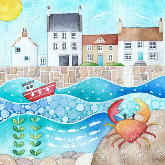 Greetings Card - Crail Harbour & Crab - East Neuk of Fife Seaside Paintings - East Neuk Beach Crafts