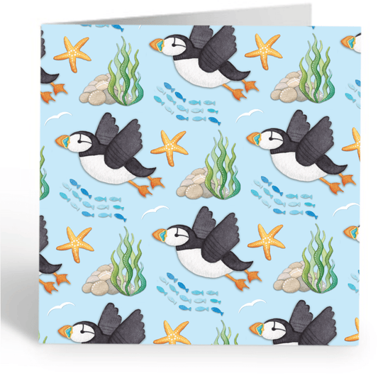 Greetings Card - Flying Puffins Pattern - Seaside Watercolour Painting - East Neuk Beach Crafts