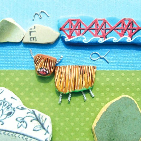 Greetings Card - Highland Cow and Forth Rail Bridge - Seaside Pebble Art - East Neuk Beach Crafts