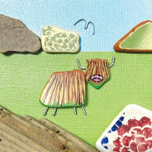 Greetings Card - Highland Cow in the Highlands Pebble Art - East Neuk Beach Crafts