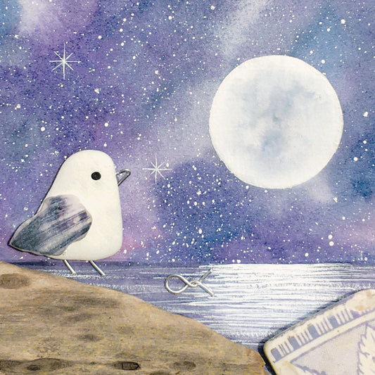 Greetings Card - Seagull by Purple Moonlight - Seaside Pebble Art - East Neuk Beach Crafts