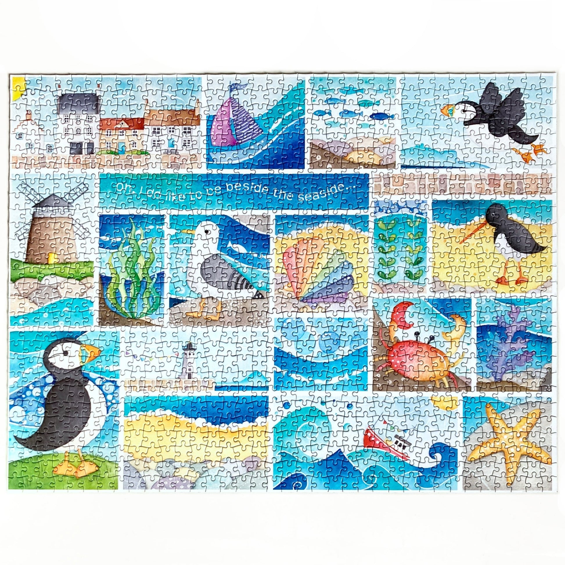Jigsaw Puzzle - A Day at the Seaside - 1000 pieces - Puffins, Seagull, Crab, Boats - East Neuk Beach Crafts