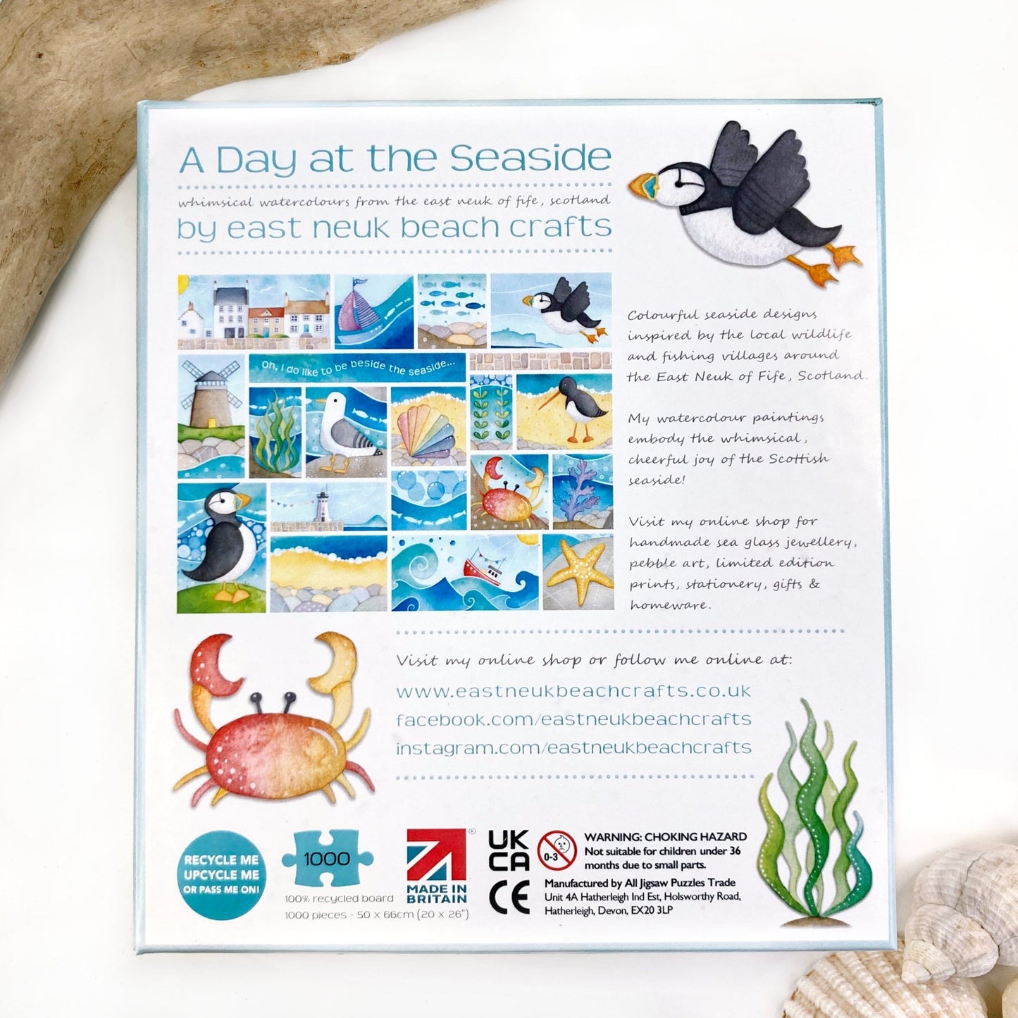 Jigsaw Puzzle - A Day at the Seaside - 1000 pieces - Puffins, Seagull, Crab, Boats - East Neuk Beach Crafts
