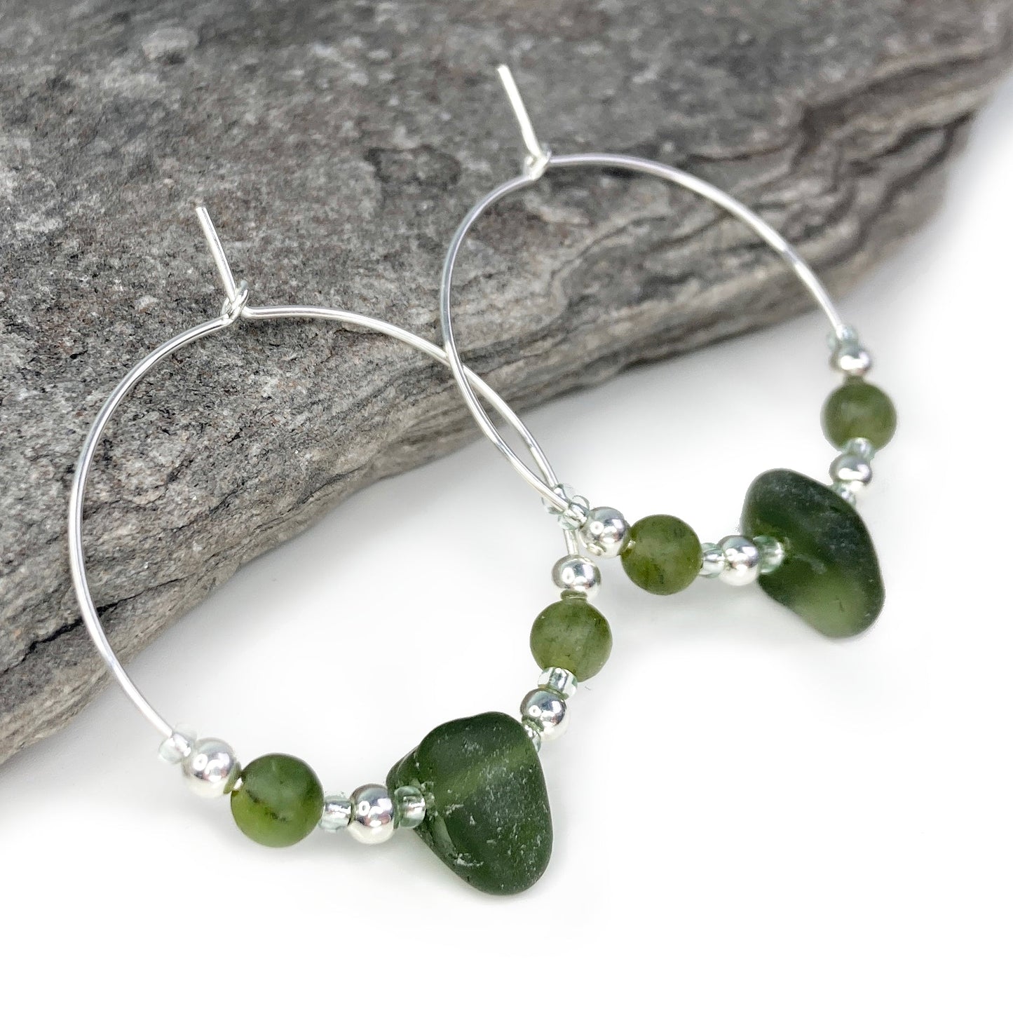 Large Green Sea Glass Hoop Earrings - 3cm - Sterling Silver with Jade Crystal Beads - East Neuk Beach Crafts