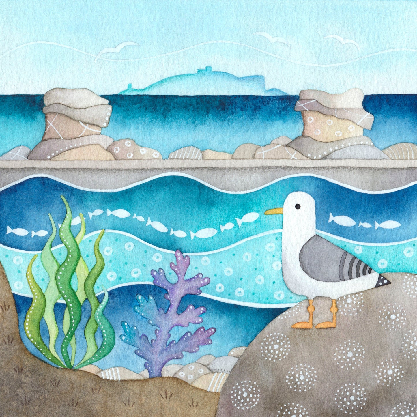 Seagull Greetings Card - Cellardyke - Seaside Watercolour