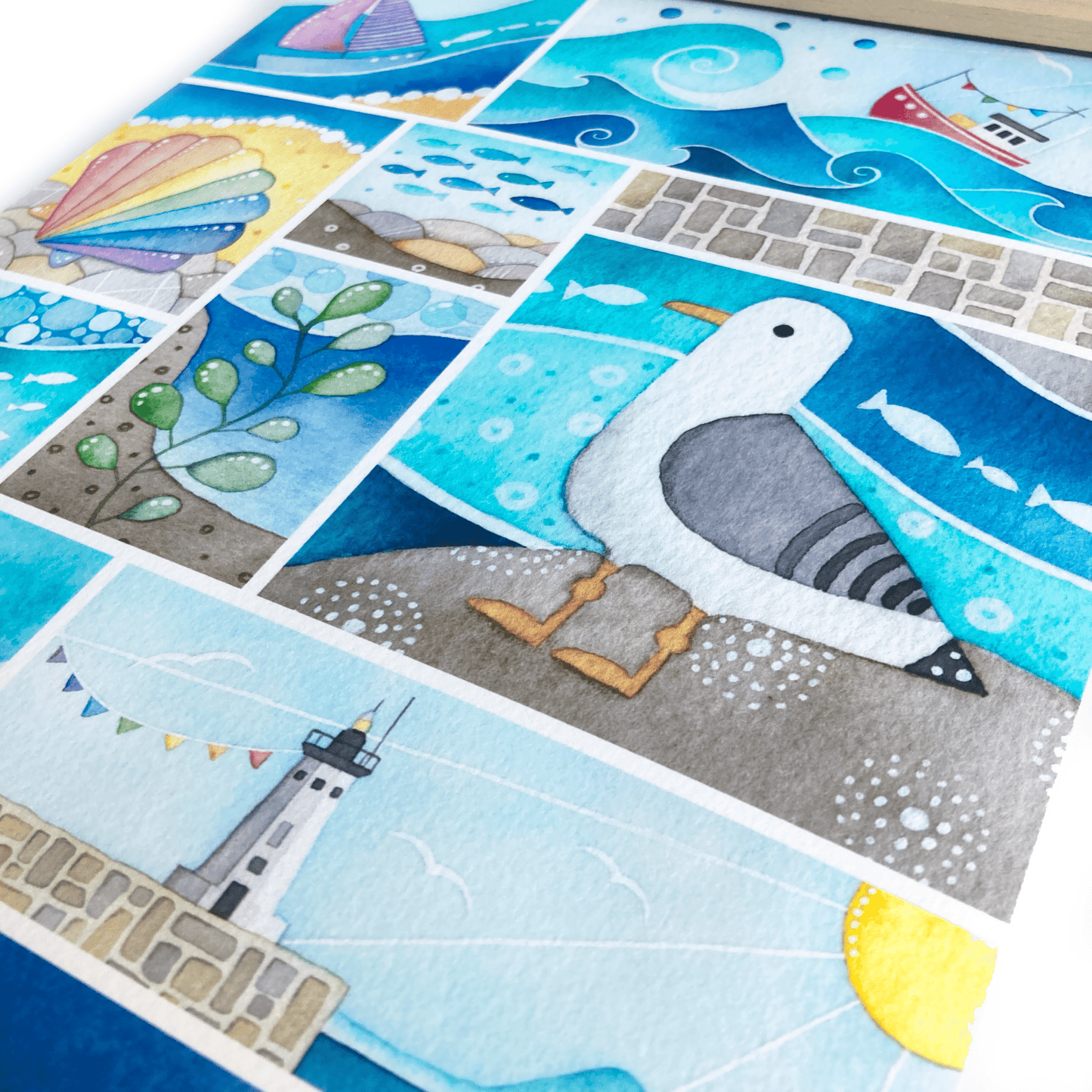 Seaside Print - Seagull, Puffin, Boats, Lighthouse - A4 Signed Watercolour Beach Art Print - East Neuk Beach Crafts