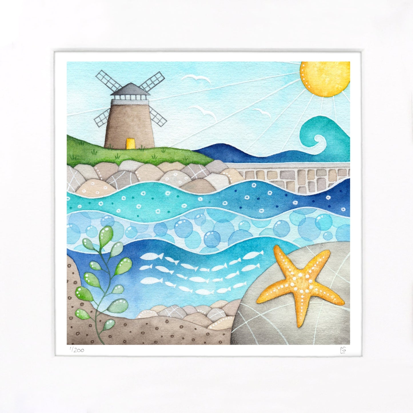 Windmill & Bathing Pool Print - St Monans Seaside Watercolour Painting - Limited Edition Signed Art - East Neuk Beach Crafts