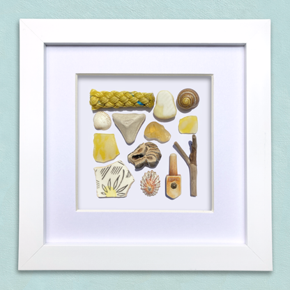 Framed Beach Wall Art - Beachcombing Curiosities Collage - Sunny Yellows - Sea Glass, Victorian Pottery, Driftwood