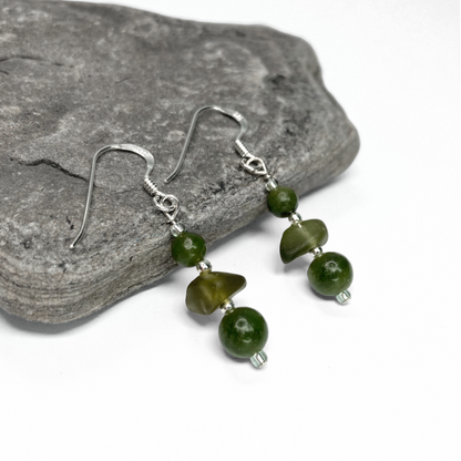 Sea Glass Earrings - Beaded - Green Jade Crystal