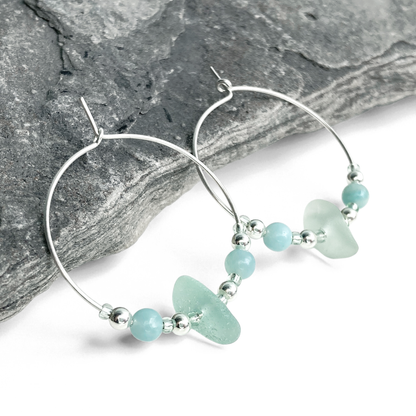 Sea Glass Hoop Earrings - Large - Green Amazonite Crystal