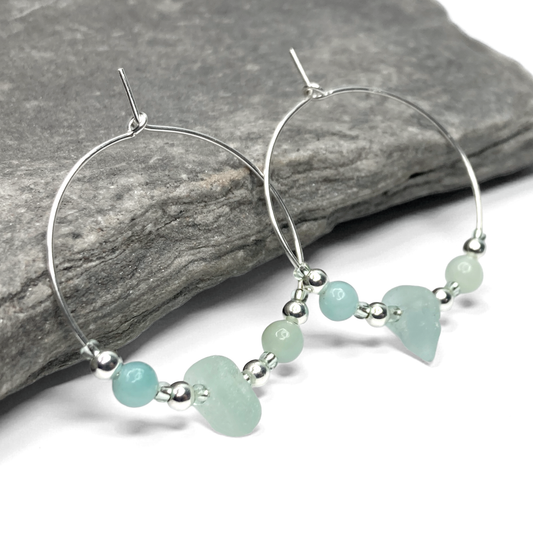 Sea Glass Hoop Earrings - Large - Green Amazonite Crystal