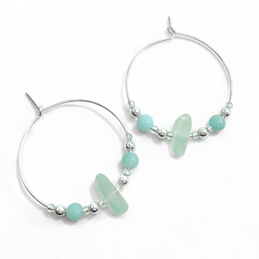 Sea Glass Hoop Earrings - Large - Green Amazonite Crystal