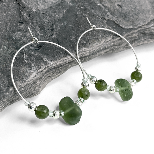 Sea Glass Hoop Earrings - Large - Green Jade Crystal