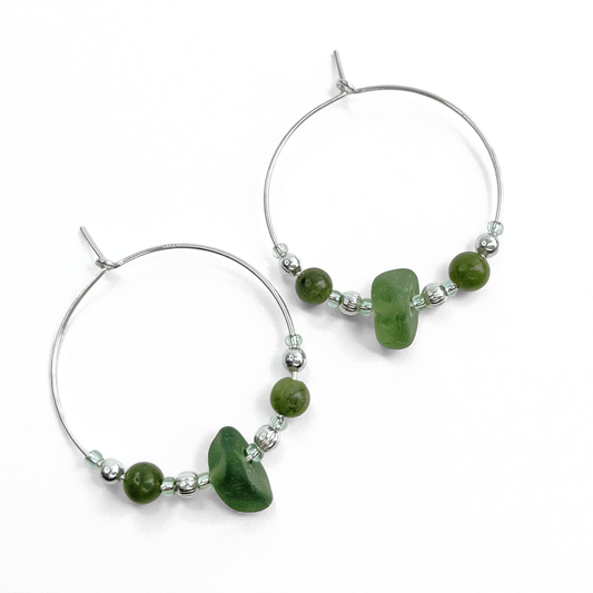 Sea Glass Hoop Earrings - Large - Green Jade Crystal