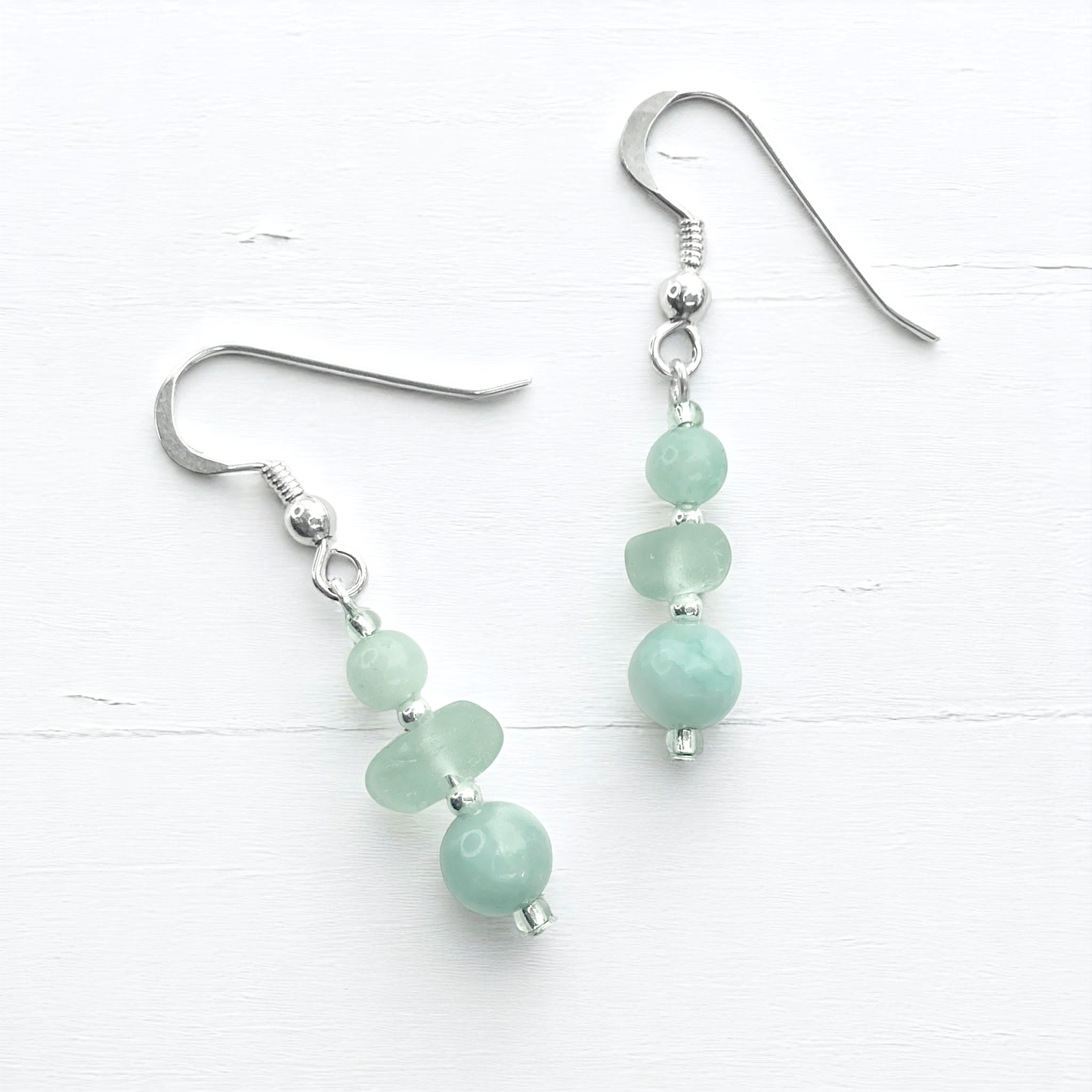 Green Sea Glass Earrings - Sterling Silver Beaded Earrings with Amazonite Crystal