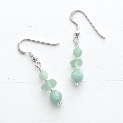 Green Sea Glass Earrings - Sterling Silver Beaded Earrings with Amazonite Crystal