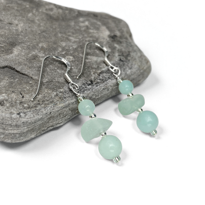 Sea Glass Earrings - Beaded - Green Amazonite Crystal
