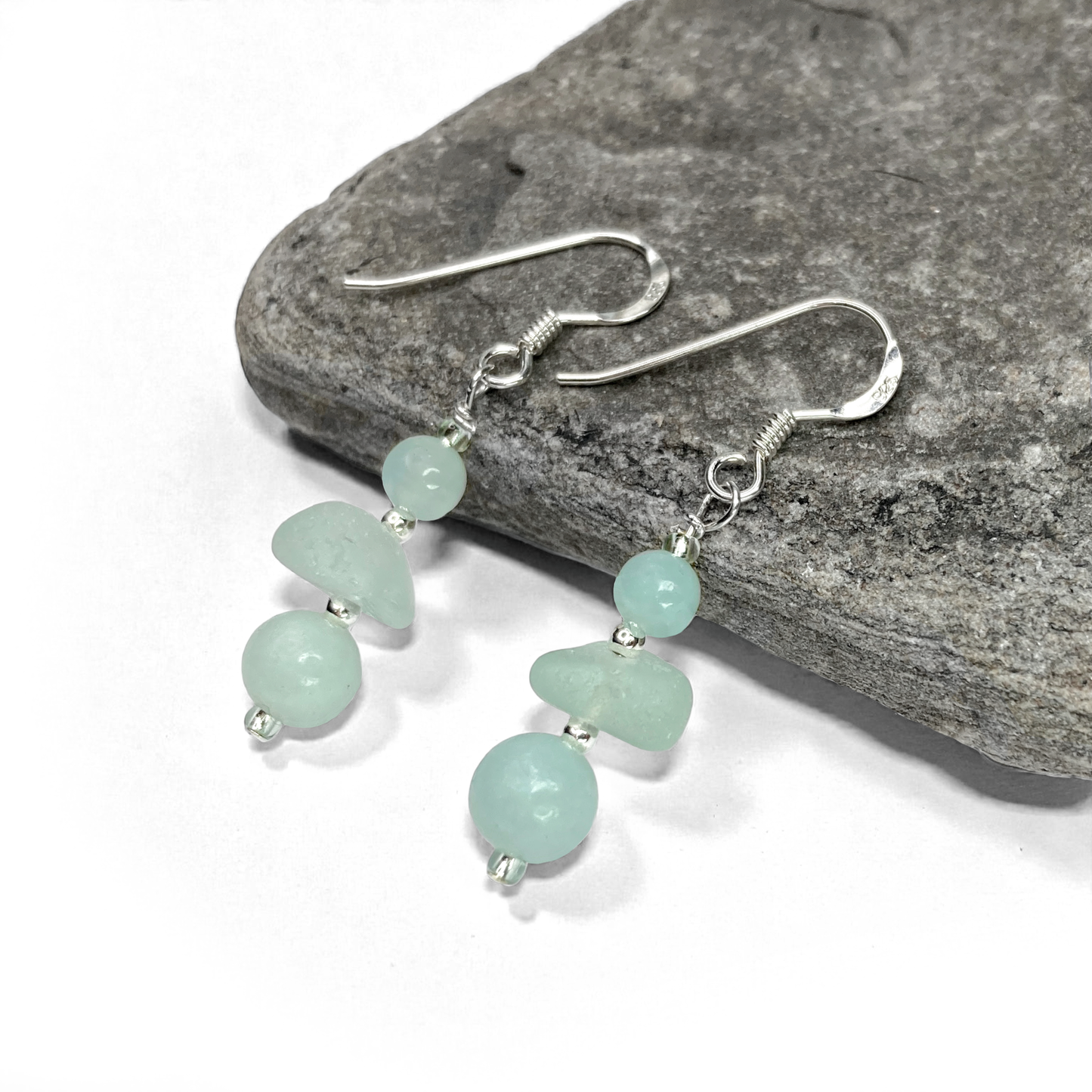 Sea Glass Earrings - Beaded - Green Amazonite Crystal