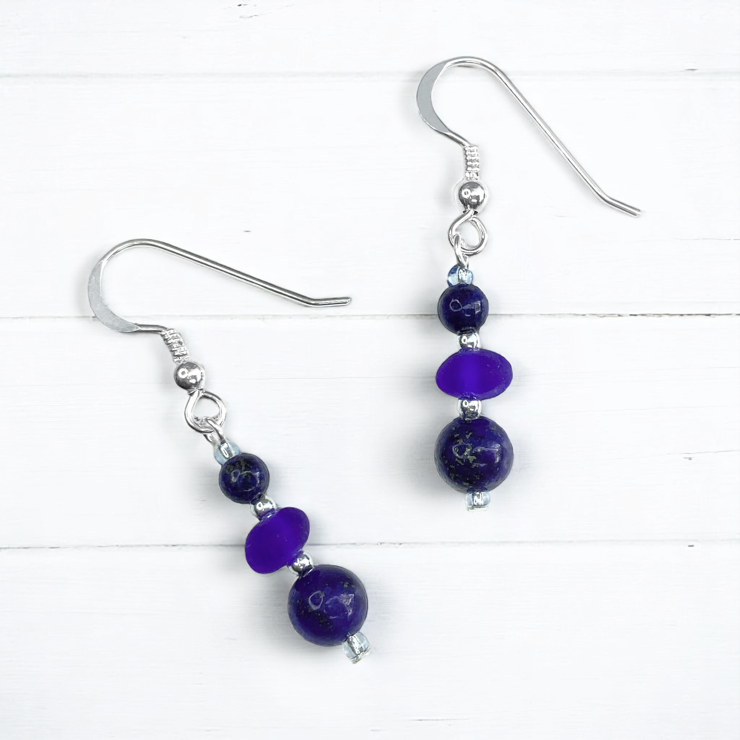Blue Sea Glass Earrings - Sterling Silver Beaded Earrings with Lapis Lazuli Crystal