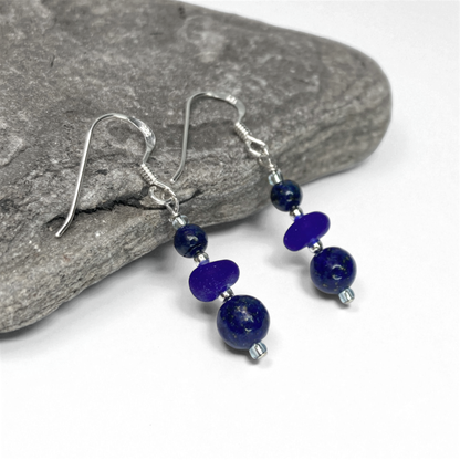 Sea Glass Earrings - Beaded - Blue Lapis Lazuli Crystal