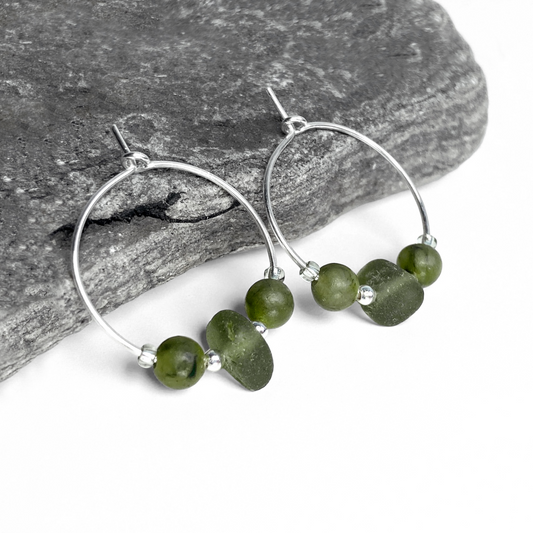 Sea Glass Hoop Earrings - Small - Green Jade Crystal