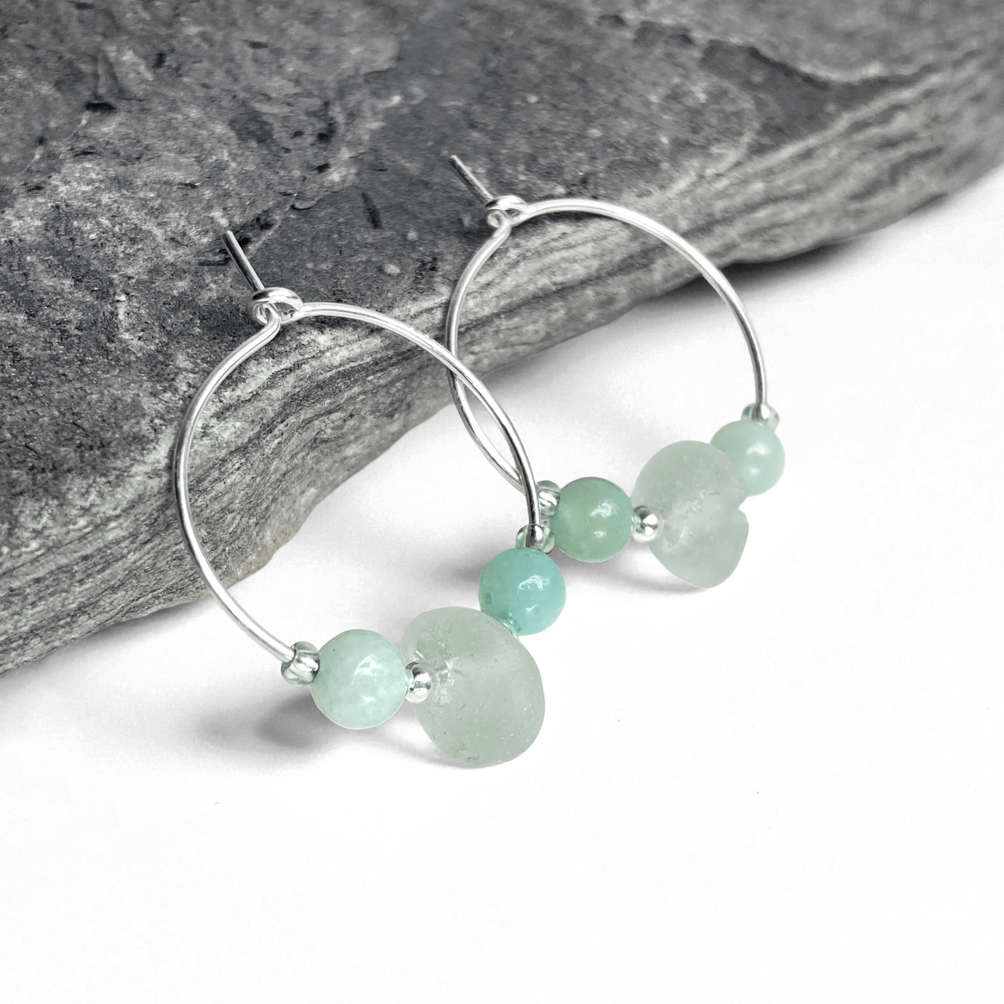 Sea Glass Hoop Earrings - Small - Green Amazonite Crystal
