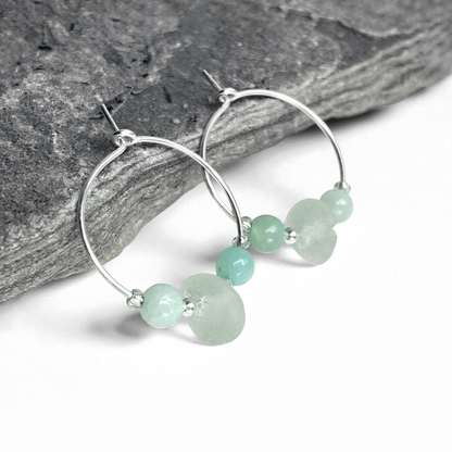 Sea Glass Hoop Earrings - Small - Green Amazonite Crystal