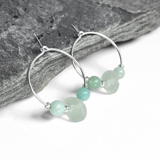 Sea Glass Hoop Earrings - Small - Green Amazonite Crystal