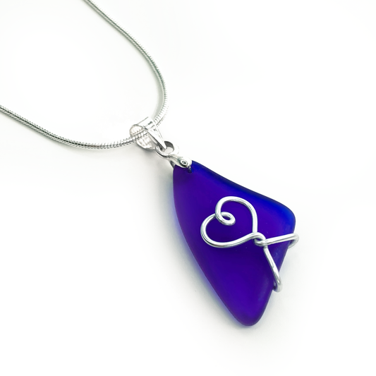 Sea Glass Pendant - Dark Blue Heart Wire Wrapped Necklace - Scottish Silver Jewellery